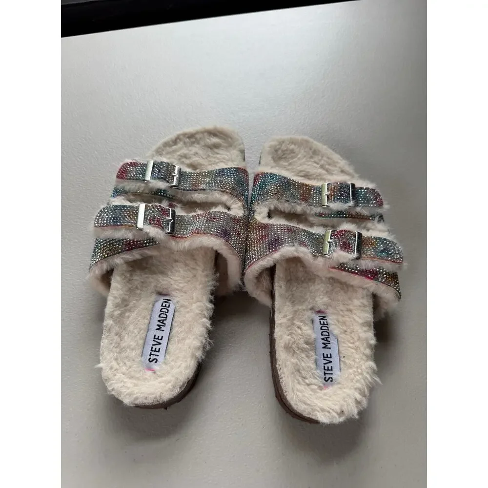 Steve Madden Girls JLEENA Tie Dye Rhinestone Faux Fur Slide Sandals - Size 4